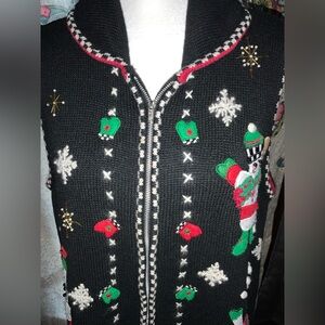 Vintage Bobbie Brooks Knit Vest Black Snowmen Beaded Women’s Large